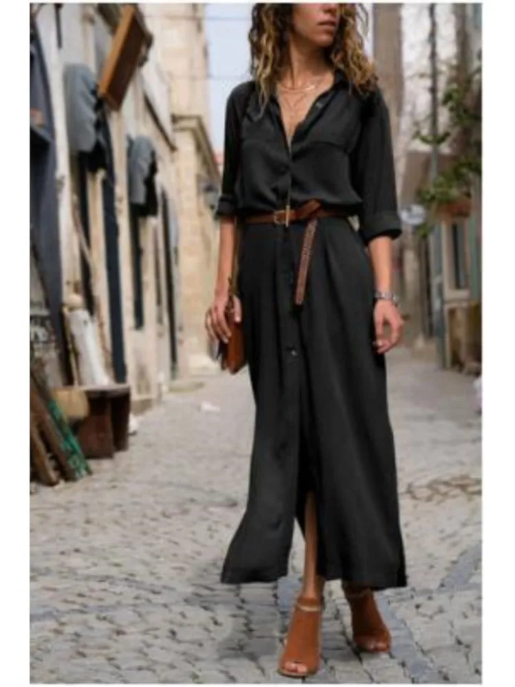 Весенне-летнее однобортное платье средней длины с лацканами и длинными рукавами