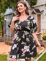 Plus Size 4XL Women Summer 2023 Black Floral Print Midi Dress 1