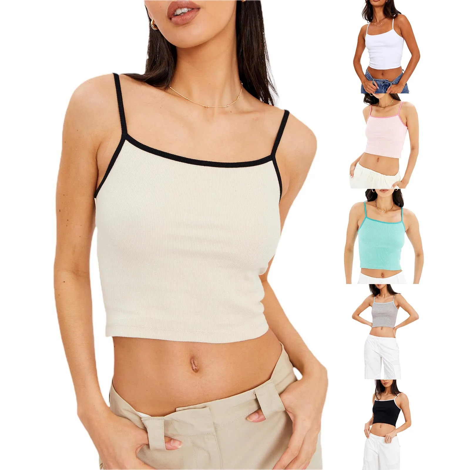 

Women's Basic Crop Cami Tops Sleeveless Spaghetti Strap Contrast/Solid Camisole Sexy Strappy Low Cut Tank Vest Aesthetic Shirt