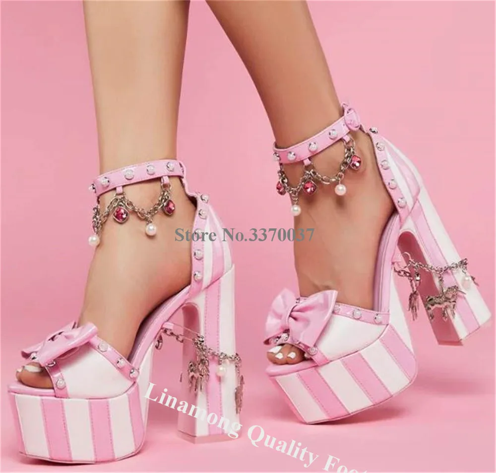 Linamong Cute Pink White Stripes Pearls Chunky Heel Sandals Butterfly Rhinestones Platform Metal Chains Thick Heel Dress Heels
