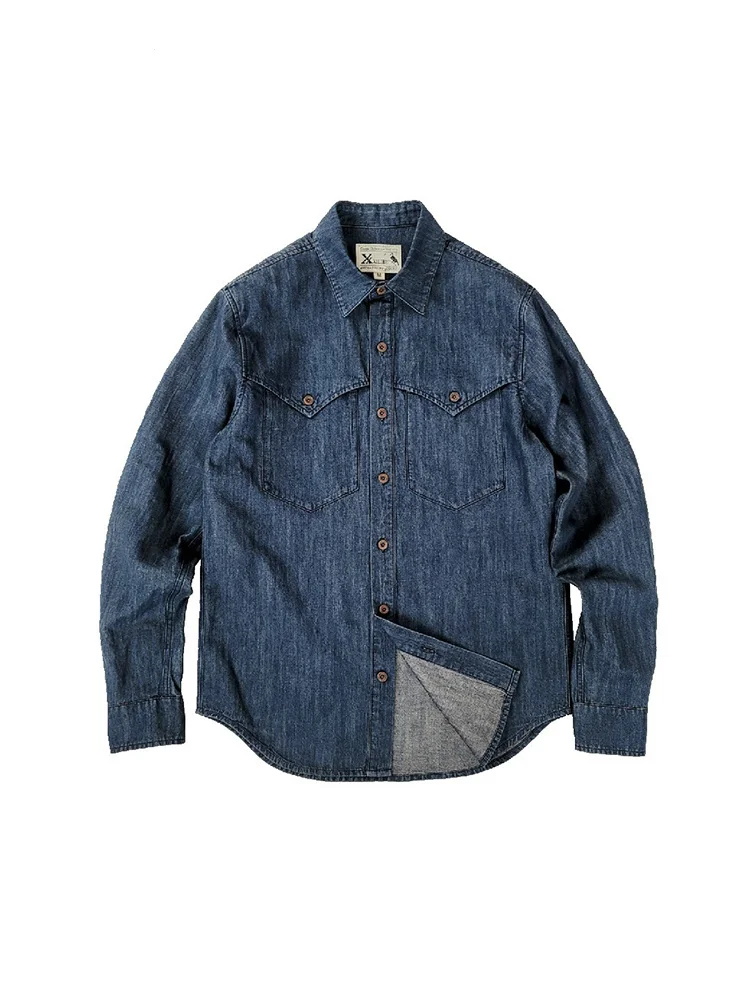 

Men's Vintage Cotton Linen Solid Color Washed Denim Long Sleeve Shirt Amekaji Spring Autumn Casual Shirt