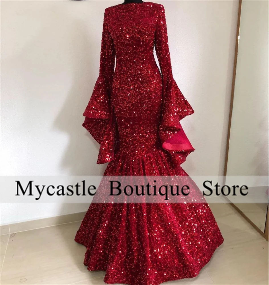 

Dubai Luxury Burgundy Sequined Women Evening Dresses Long Sleeve Mermaid Prom Gowns Wedding Party Vestidos Robe De Soiree