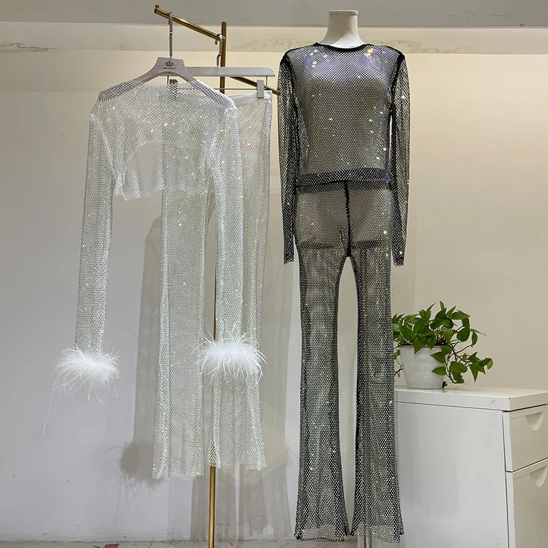 H80 &amp S90 новые женские сетчатые прозрачные блестящие вечерние расклешенные брюки