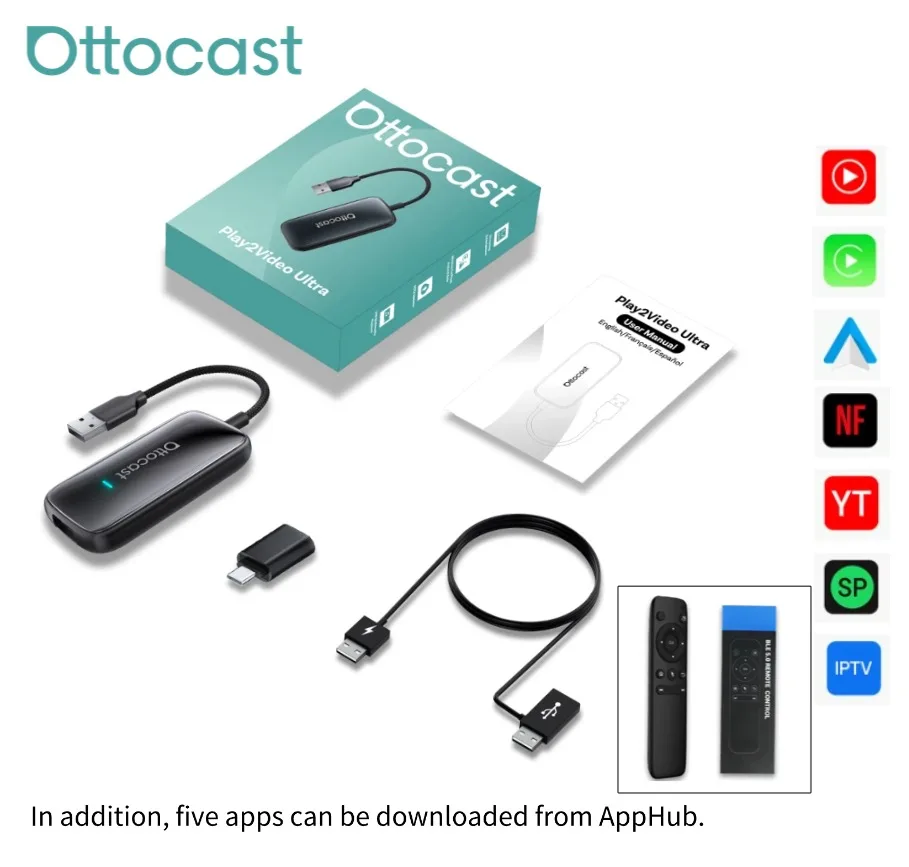 

Ottocast Play2Video Ultra: Беспроводной CarPlay, автомобильный мультимедийный смарт-бокс, Hi-Res 1080P, YouTube, воспроизведение локального контента, портативный, для VW