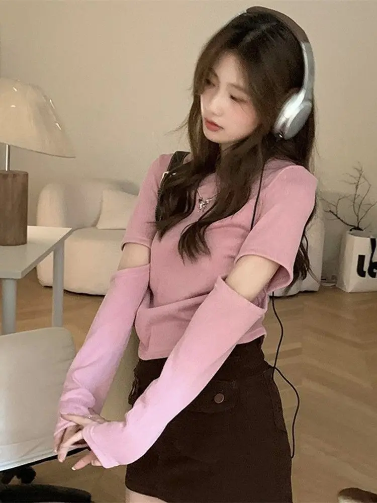 

Summer Cotton T Shirt Long Sleeve Rivets Tee Shirt Femme 2023 Women Casual Round Collar Solid Hollow Out Clothing Tops M334