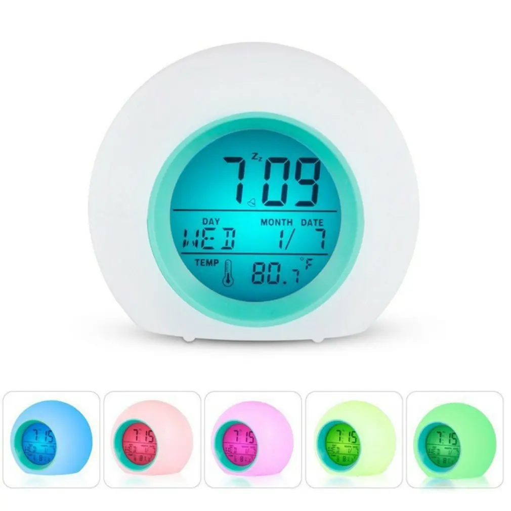 New Digital Alarm Clock 7 Color Night Light Snooze Temperature Detect Kids Sleep Bedside Wake Up Timer Natural Sound Alarm Clock