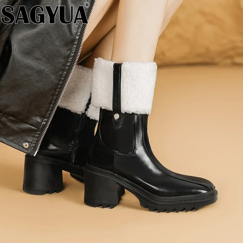 Женские теплые меховые ботильоны на высоком каблуке зимние ботинки челси с