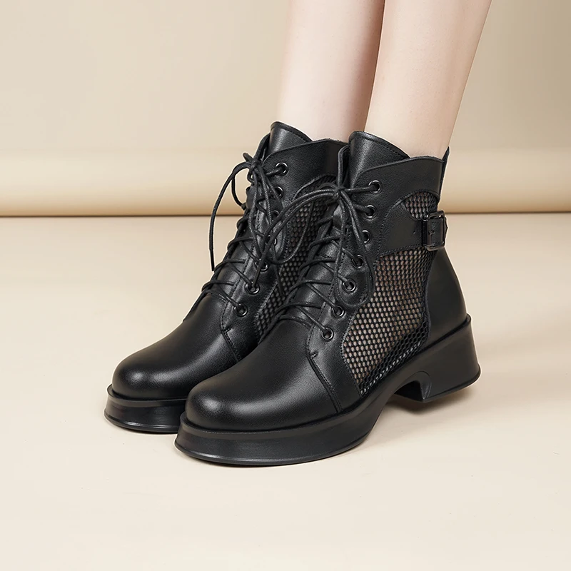 Women Summer Cool Boots Genuine Leather Fashion Women Short Boots Hollow Mesh British Style Large Size Mesh Boots For Women