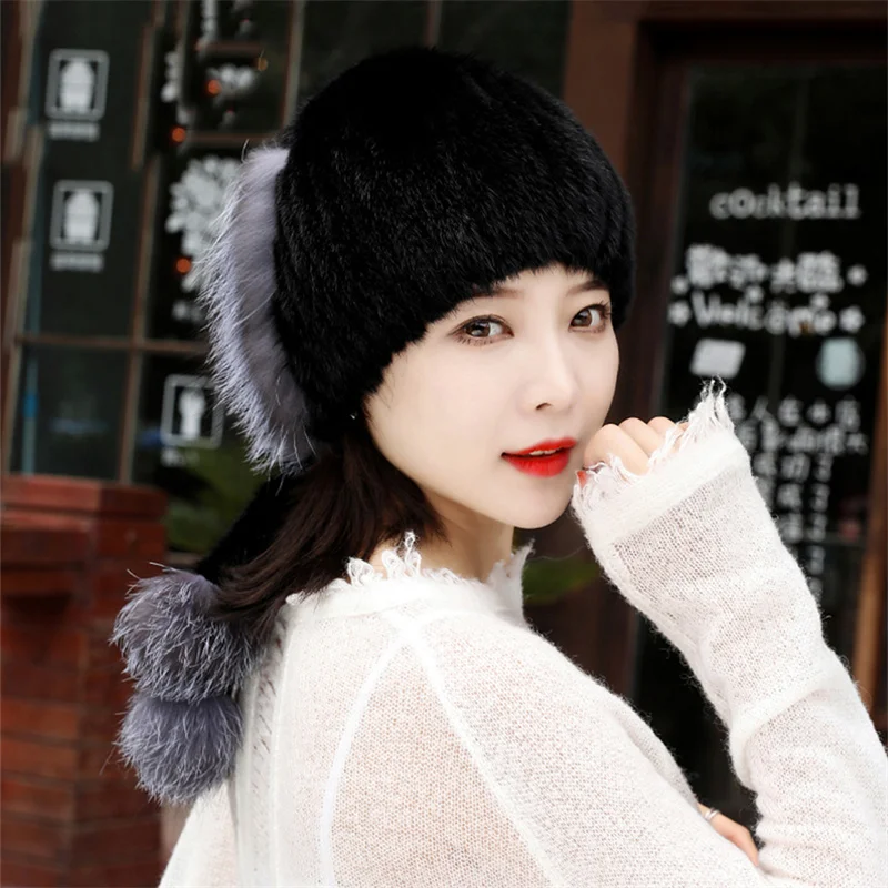 Women's Winter Fur Hat Thickened Knitting Mink Fur Hat Fashion Earmuff Pilot Hat Women's Fashion Ear Protection Mink Fur Hat