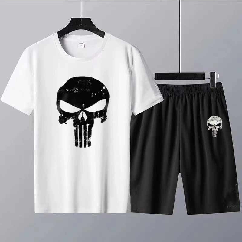 Summer Men T-Shirt Sets 100% Cotton 2 Piece Set Skull Skeleton Print Tracksuit Women T Shirt and Shorts Suit Free Shipping