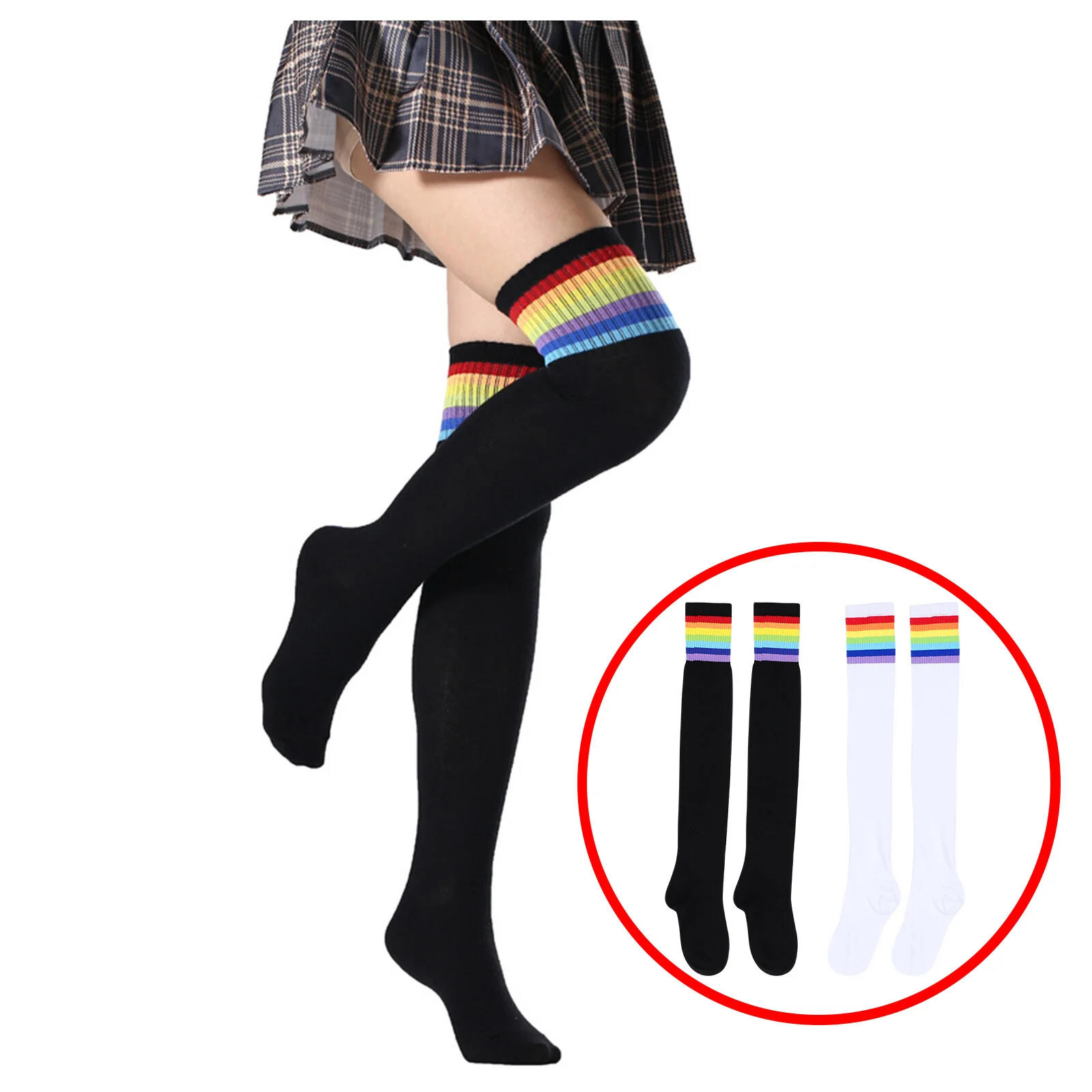 2 Pairs Rainbow Long Stockings Decorative Sports High Thigh Socks for Girls Use