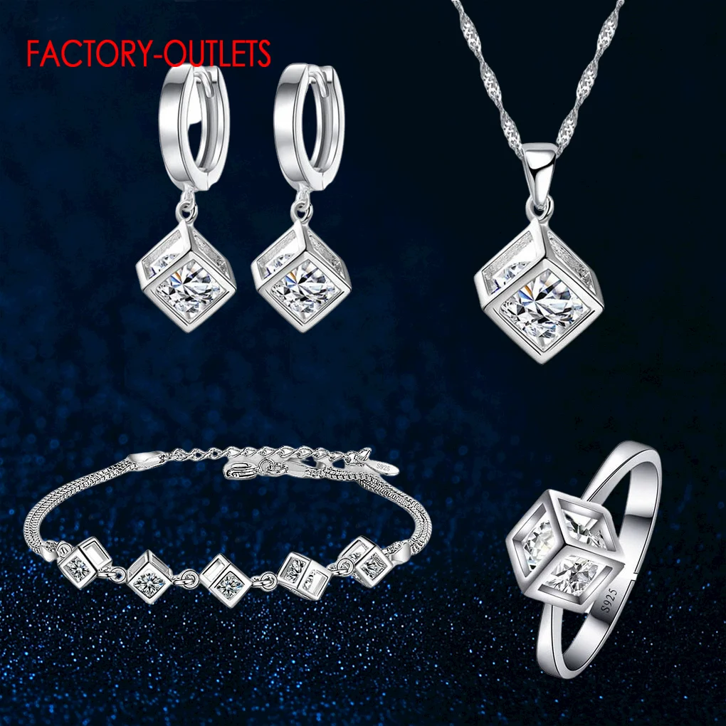 

Hot 925 Sterling Silver Needle Jewelry Sets Top Quality Cube Pendant Necklace Earring Bracelet Ring For Girls Beautiful Trendy