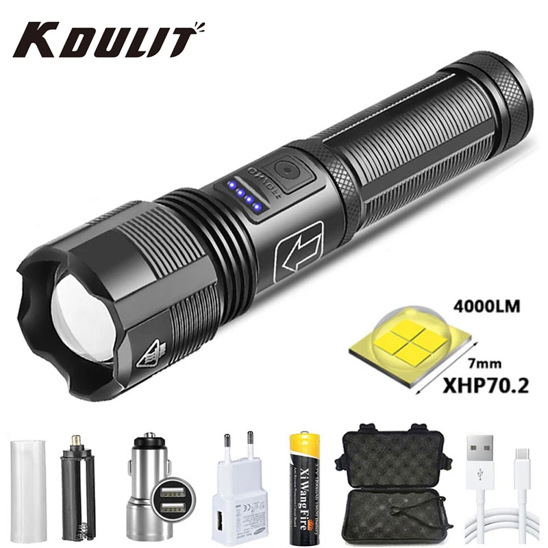 

KDULIT Portable Zoom Led Flashlight High Power USB Rechargeable Tactical Flashlight XHP70.2 Hunting Camping Torch 5 Mode Lantern