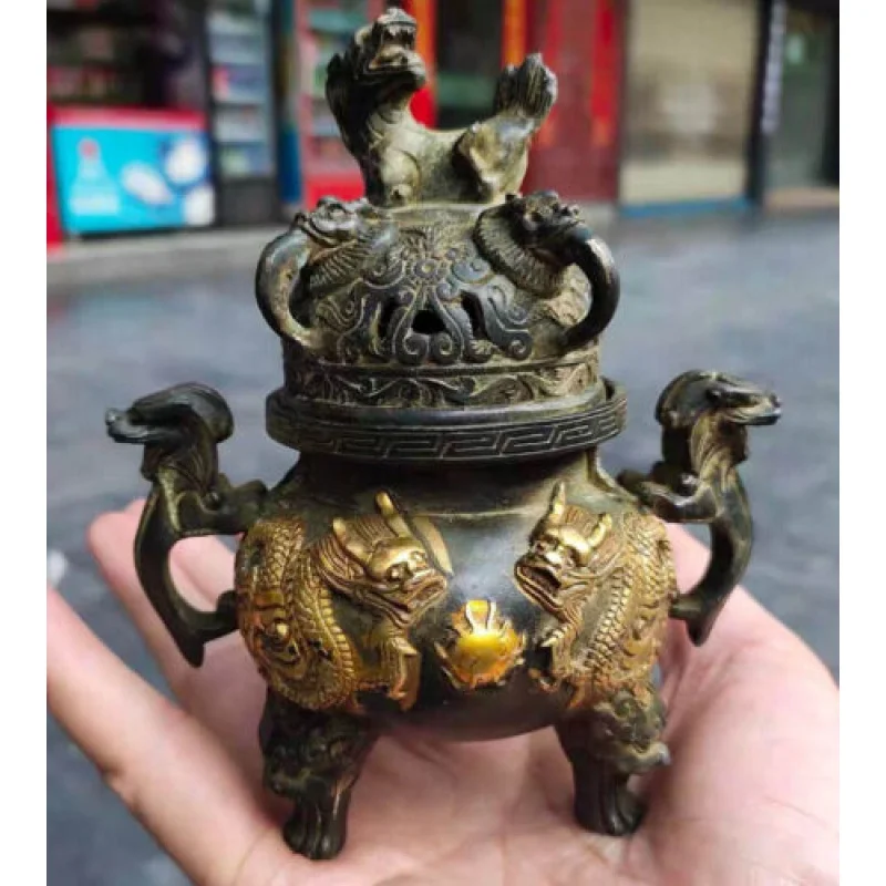 

Antique Excellent Bronze Statue Gold-Plated Dragon Lucky Tripod Incense Burner Censer