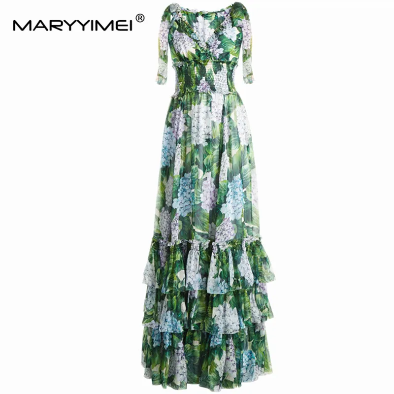

MARYYIMEI Fashion Designer Summer Women's Beach dress V-neck Elastic waist Green leaf hydrangea Cascading Ruffle Chiffon Dresses