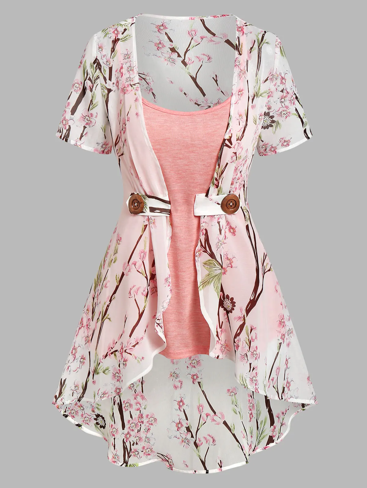 

Peach Blossom Print Irregular Blouse And Camisole Set Asymmetric Women Spring New Top Twinset