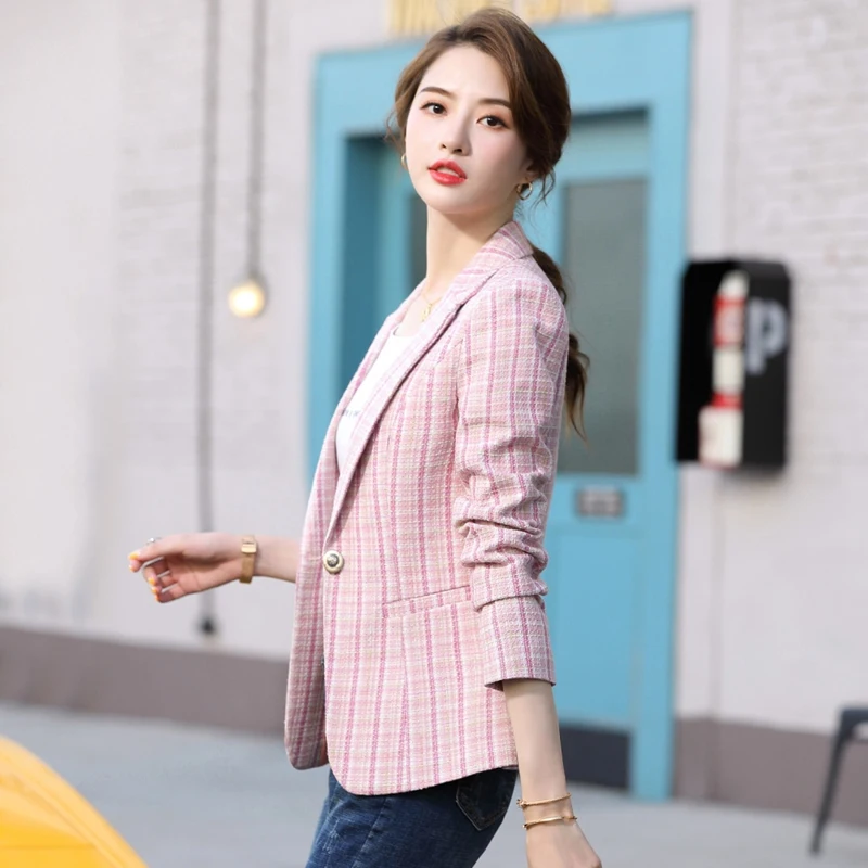 Big Size 5XL Autumn Spring Women's Blazers Plaid Double Breasted Pockets Formal Jackets Checkered Outerwear Tops Streetwear