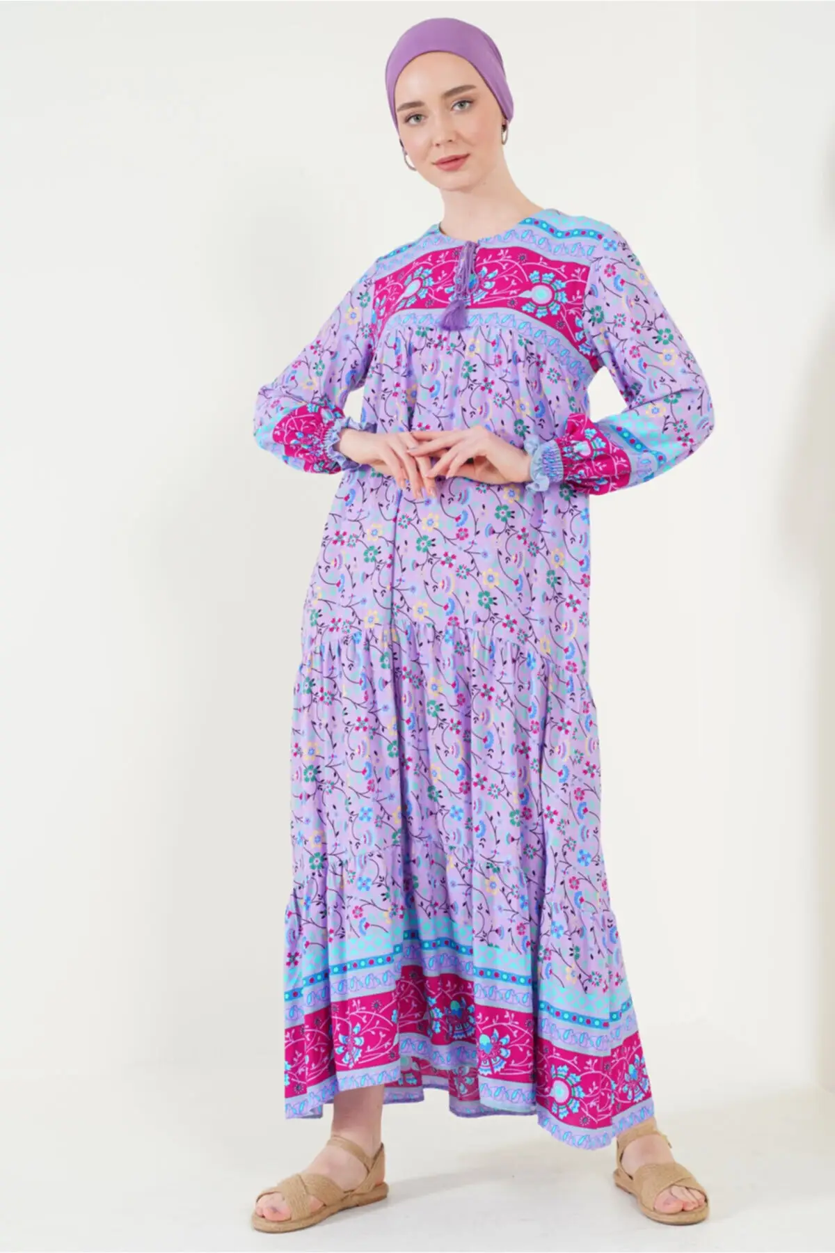 

Женское платье-хиджаб с плиссированными рукавами, воротником-галстуком, платье с узором, модель 2175, платье с цветочным узором