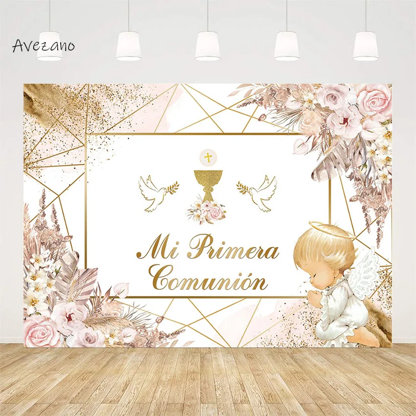 

Avezano Baptism Backdrop Baby First Communion Flowers Golden Grail Dove of Peace Decor Party Photography Background Photo Studio