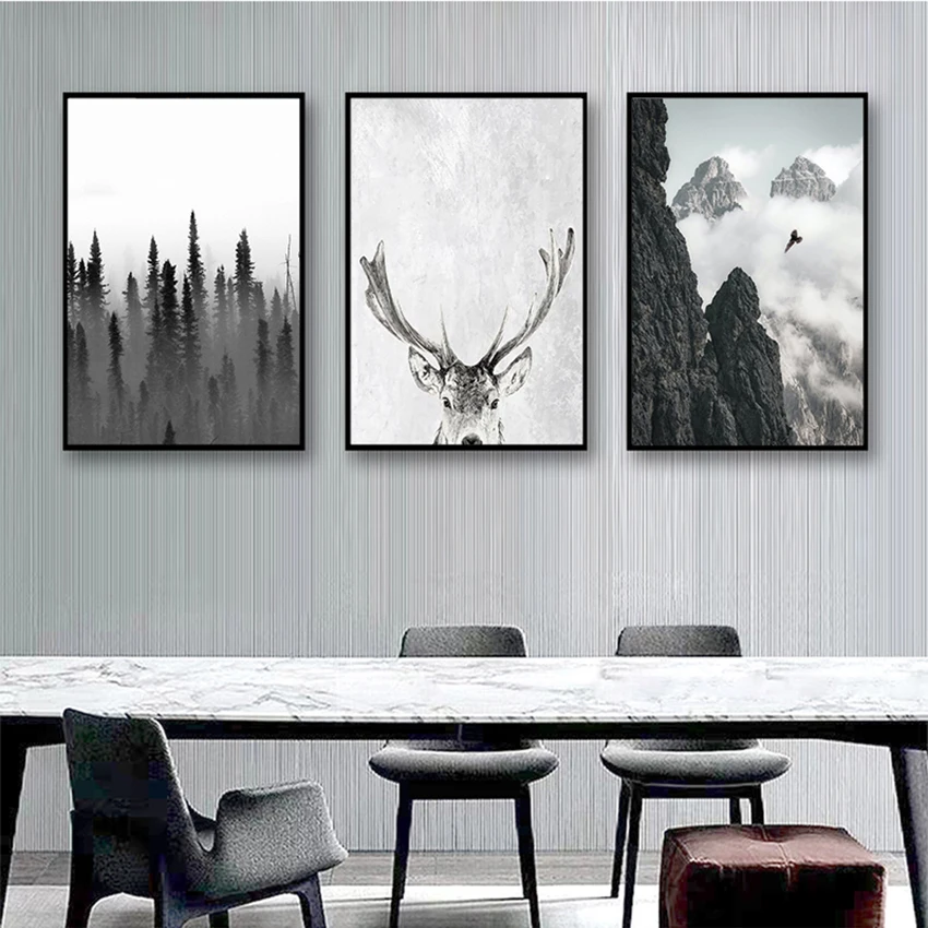 

Nordic Wall Art Print Minimalist Painting Living Room Picture Scandinavian Forest Deer Eagle Black White Landscape Canvas Poster