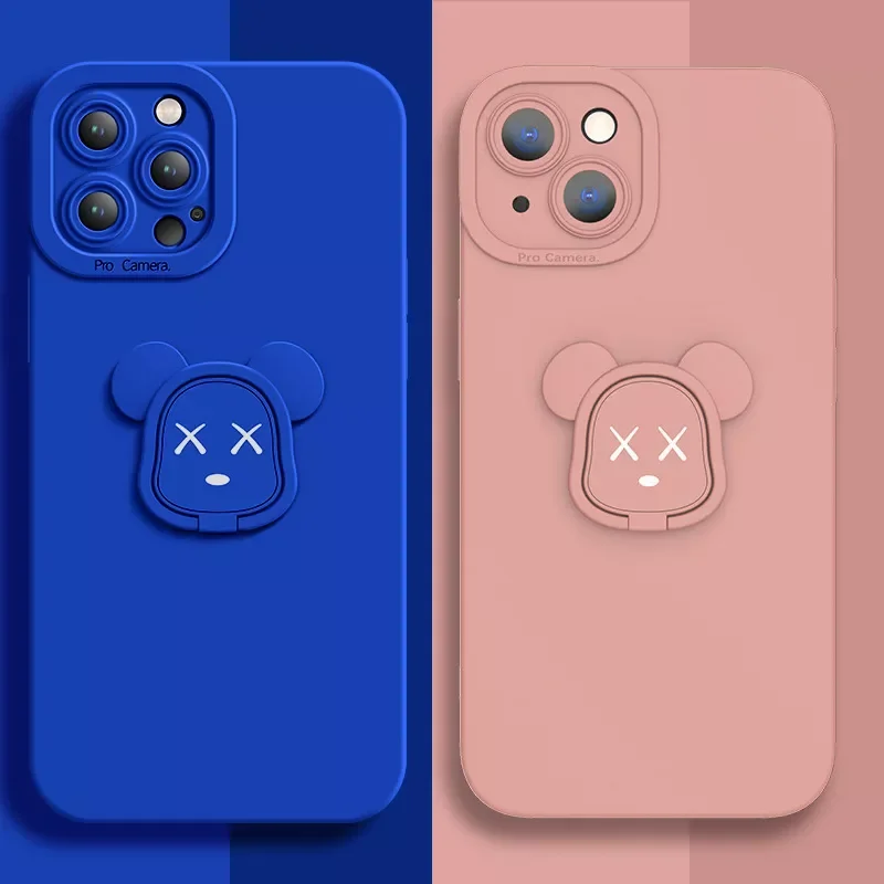 

Bear Silicone Ring Holder on For iPhone 11 12 13 Pro Max Mini X XR 7 8 Plus SE2022 Stand Finger Bracket Cover