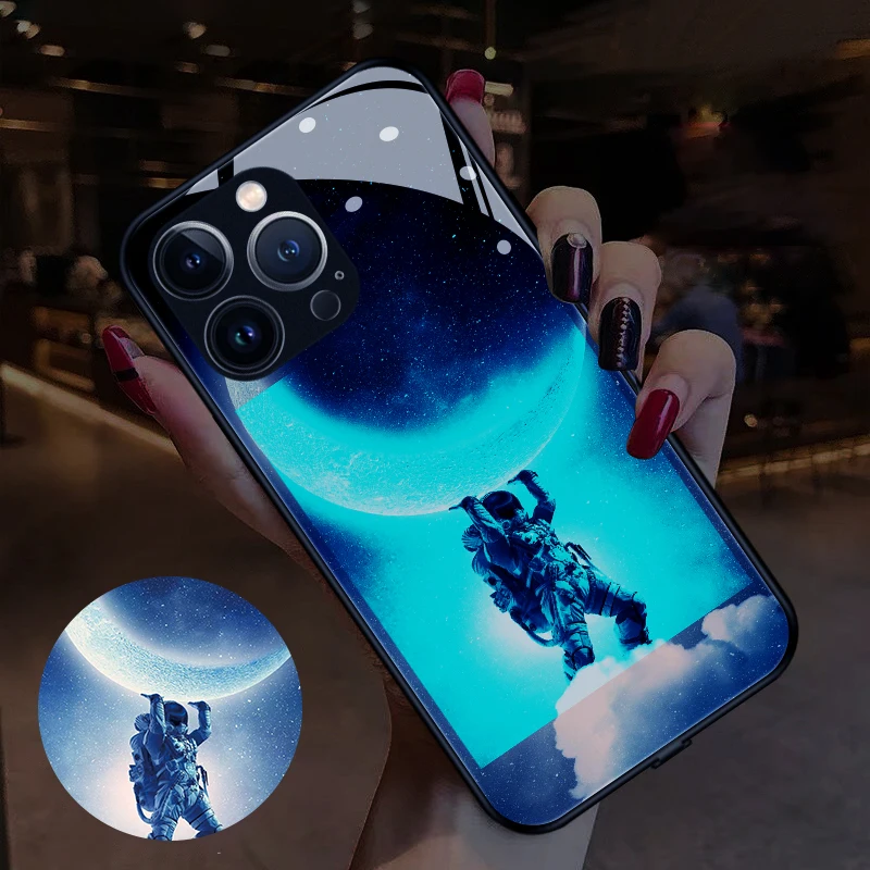 

Moon and Astronaut LED Glowing Tempered Glass 7 Color Light Luminous Phone Case for Samsung S21 S22 S23 Note10 20 A53 Plus Ultra