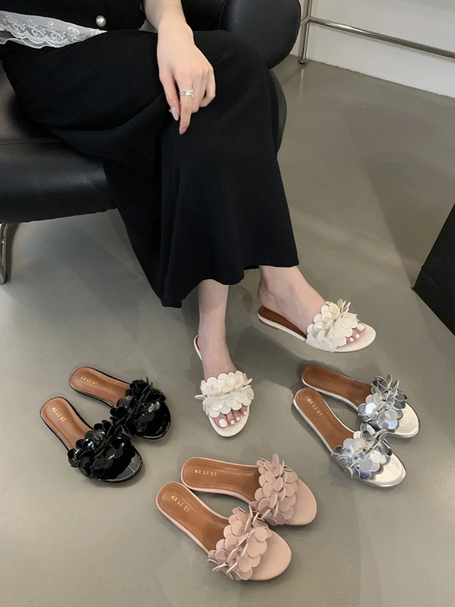 Female Shoes Womens Slippers Outdoor Flower Luxury Slides Low 2024 Silver Flat Designer Scandals PU Floral Fabric Hoof Heels Rub