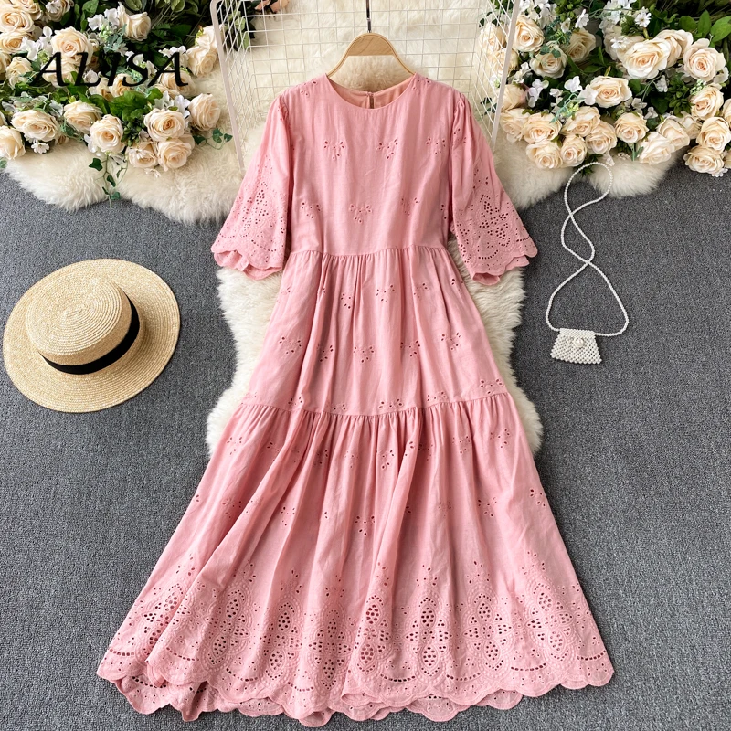

French Hollow Lace Boho Dress Women Loose Plus Size Casual Long Dresses Summer Short Sleeve Oversized Beach Dress Vestidos