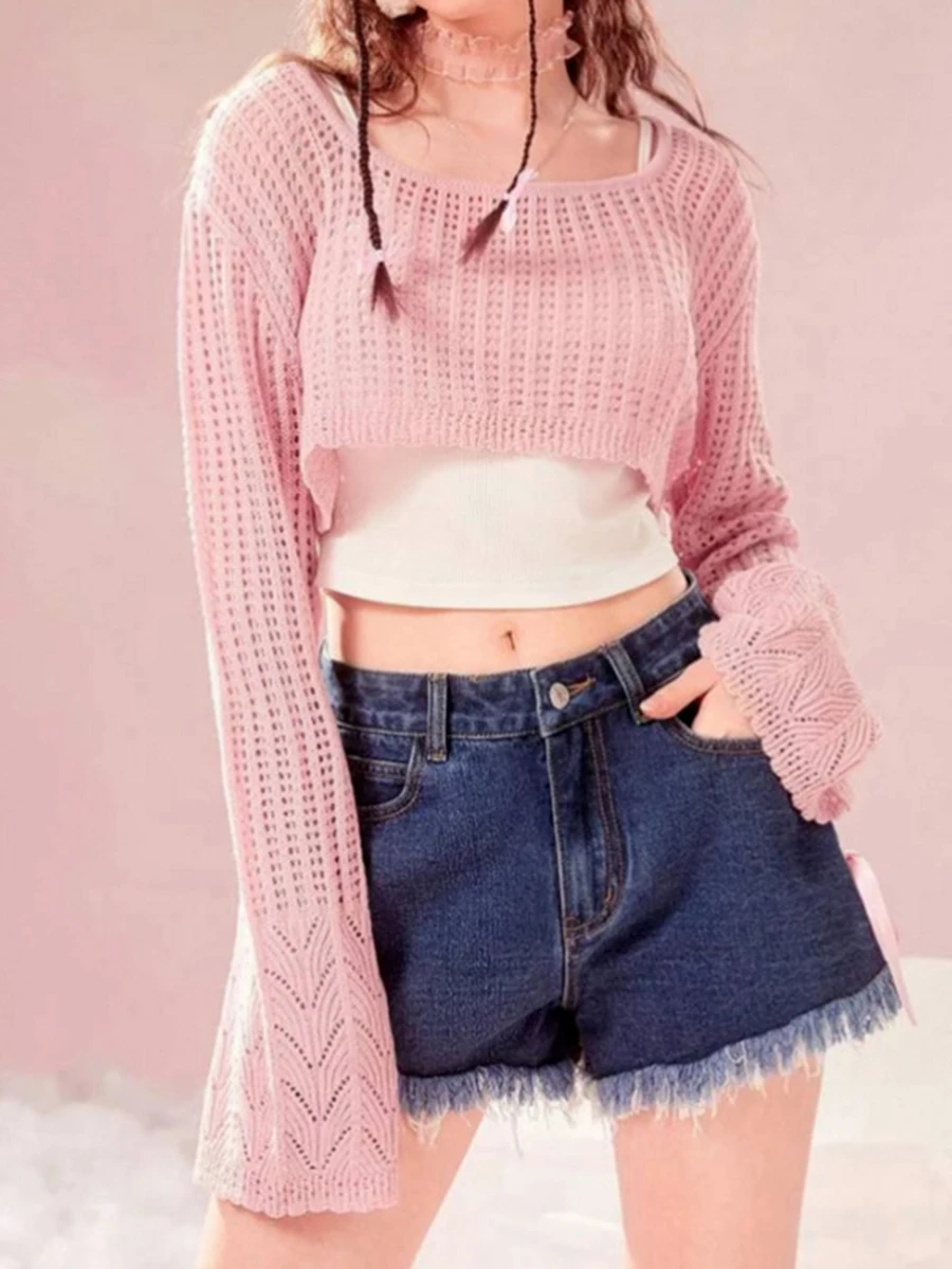 

Women Mesh Crochet Crop Tops Solid Color Long Sleeve Hollow-Out Cropped Knit Sweater Pullovers See-Through Smock Cover-Ups