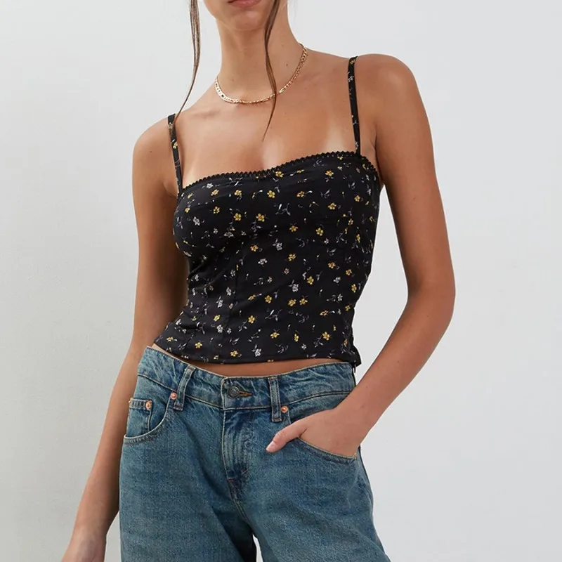 

Y2K Women Floral Lace Tube Tops Slim Fitted Irregular Hem Bandeau Camisole Spaghetti Strap Tank Vest Summer Streetwear Clubwear