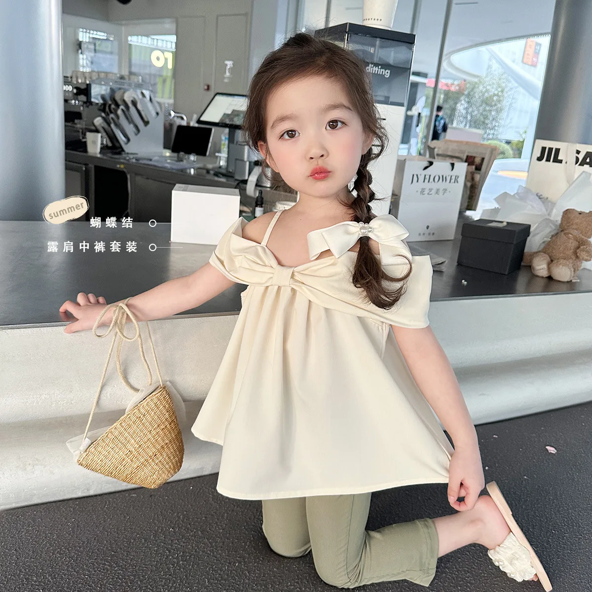 

Summer 2023 New Arrival Girls Sleeveless Slash Neck Bow Apricot Roupa Infantil Menina Cute Party Dress Custume 18M-7T