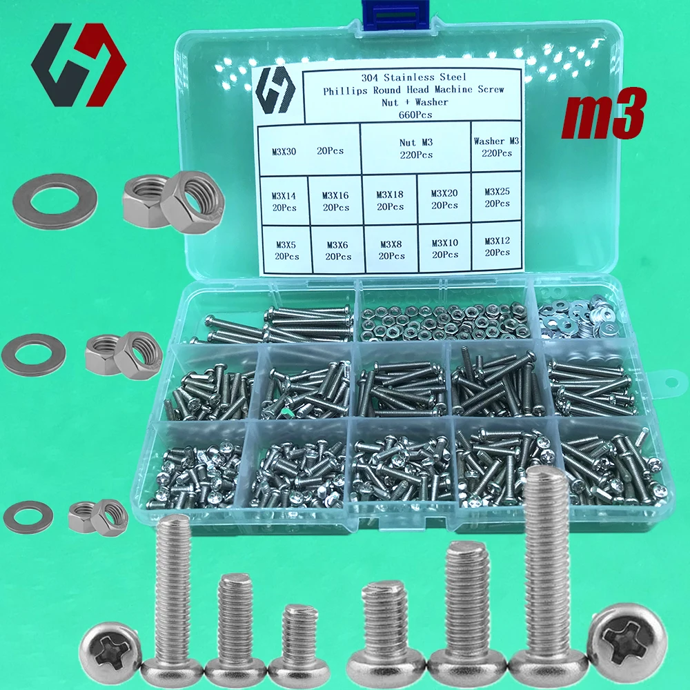 

660/480Pcs Screws Set Bolt And Nuts Kit Cross Round Head Machine GB818 M3M4 Stainless Steel 304 Accessories Hardware Fastener