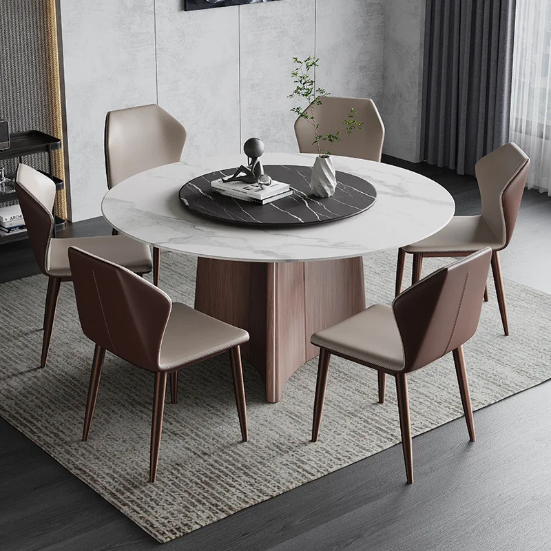 

Italian light luxury rock plate dining table round table turntable modern simple round household dining table chair combination