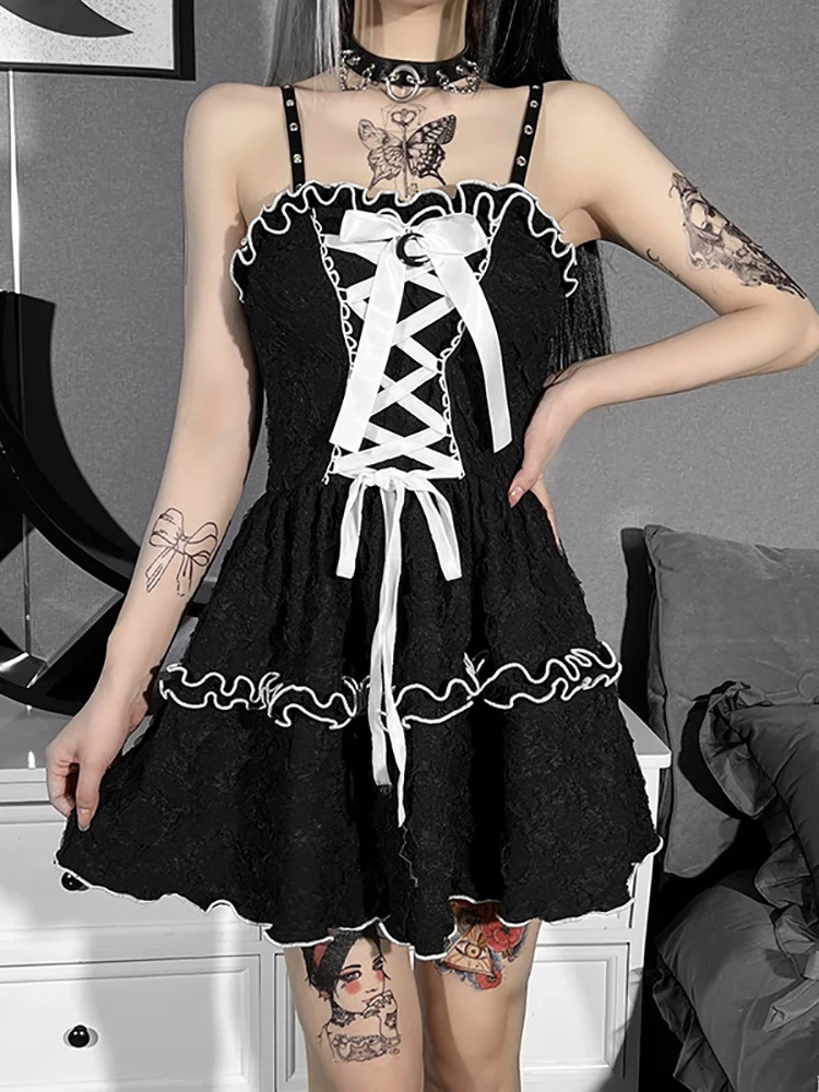 

Vintage Harajuku Kwaii Ruffles Black A-line Dresses Women Gothic Bandage Lolita White Cute Mini Dress Sling Skinny Streetwear