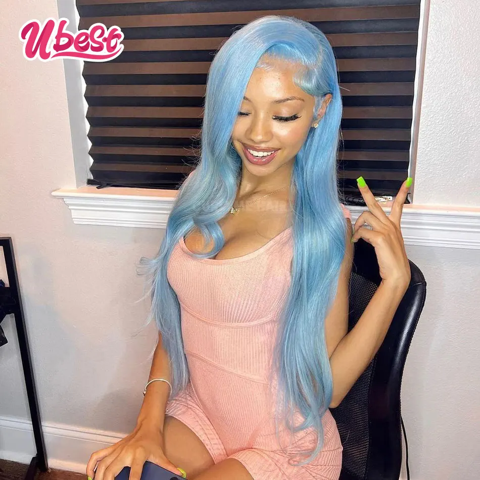 Ubest 32-дюймовые синие прямые человеческие волосы на сетке 13x4 613 цветные парики