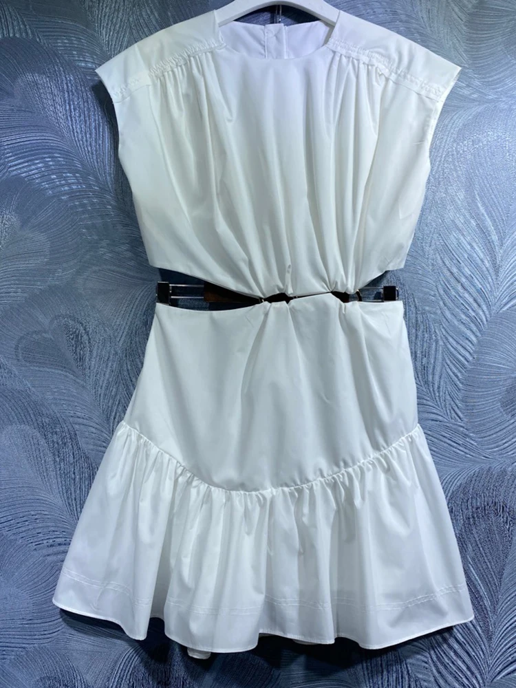 

Seifrmann High Quality Summer Women Fashion Runway Party Mini Dress Sleeveless Sexy Crop White Print Ruffle Hem Dresses Vestidos