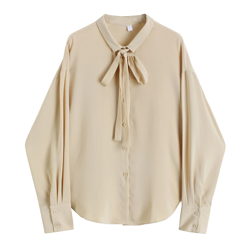 

SuperAen Spring 2022 Retro Drape Lace-up Turn Down Collar Solid Shirt Women's Full All Match Casual Tops