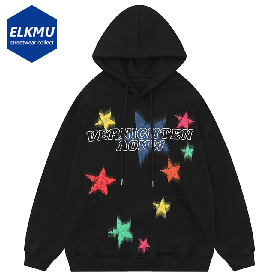 

Men Streetwear Hip Hop Hoodies Star Printed Oversized Pullovers Y2K Sweatshirts Man 2023 Fall Winter Fashion Casual Hoodie Black