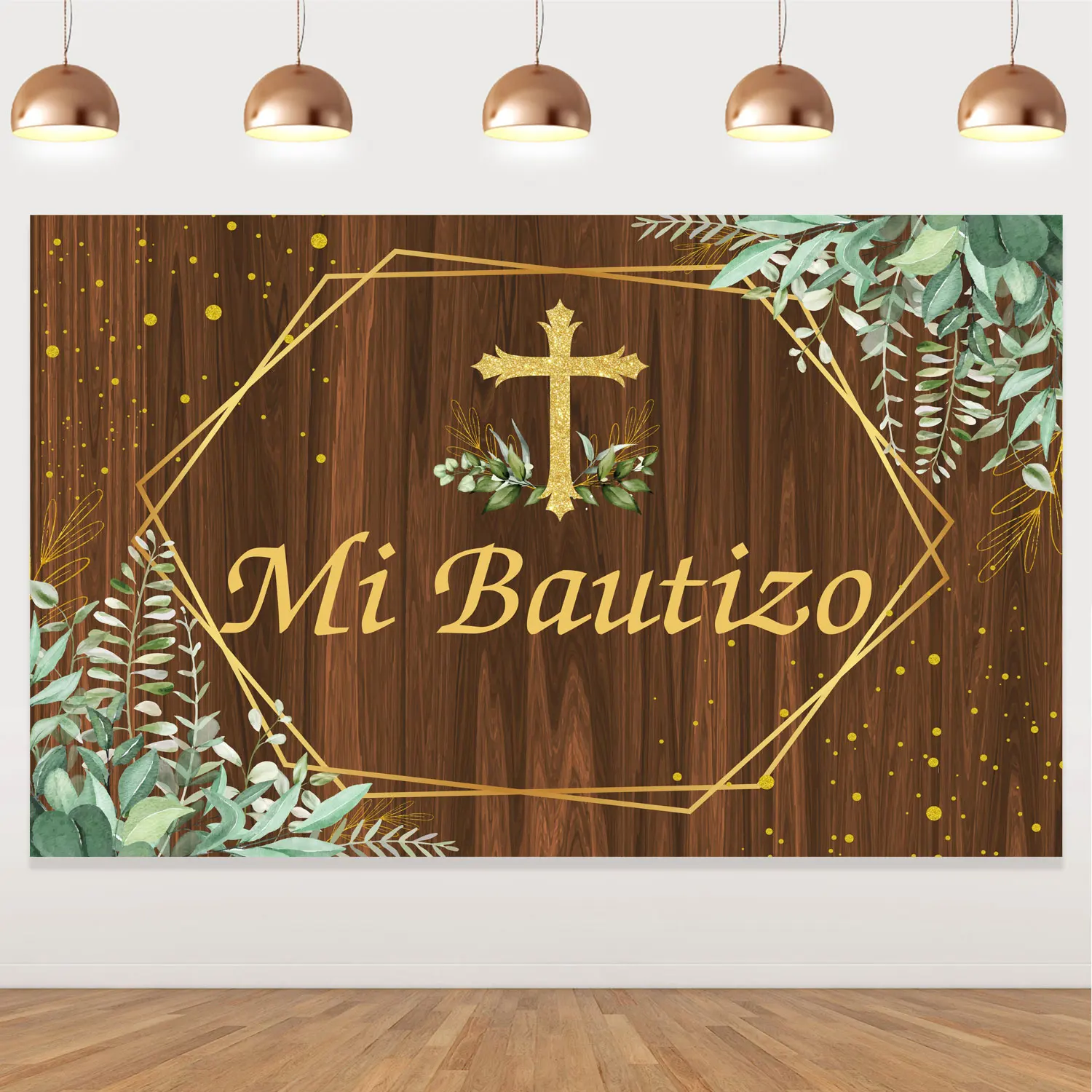 

Mi Bautizo Backdrop God Bless First Communion Baptism Party Decorations for Boys Girls Gold Cross Glitter Christening Background