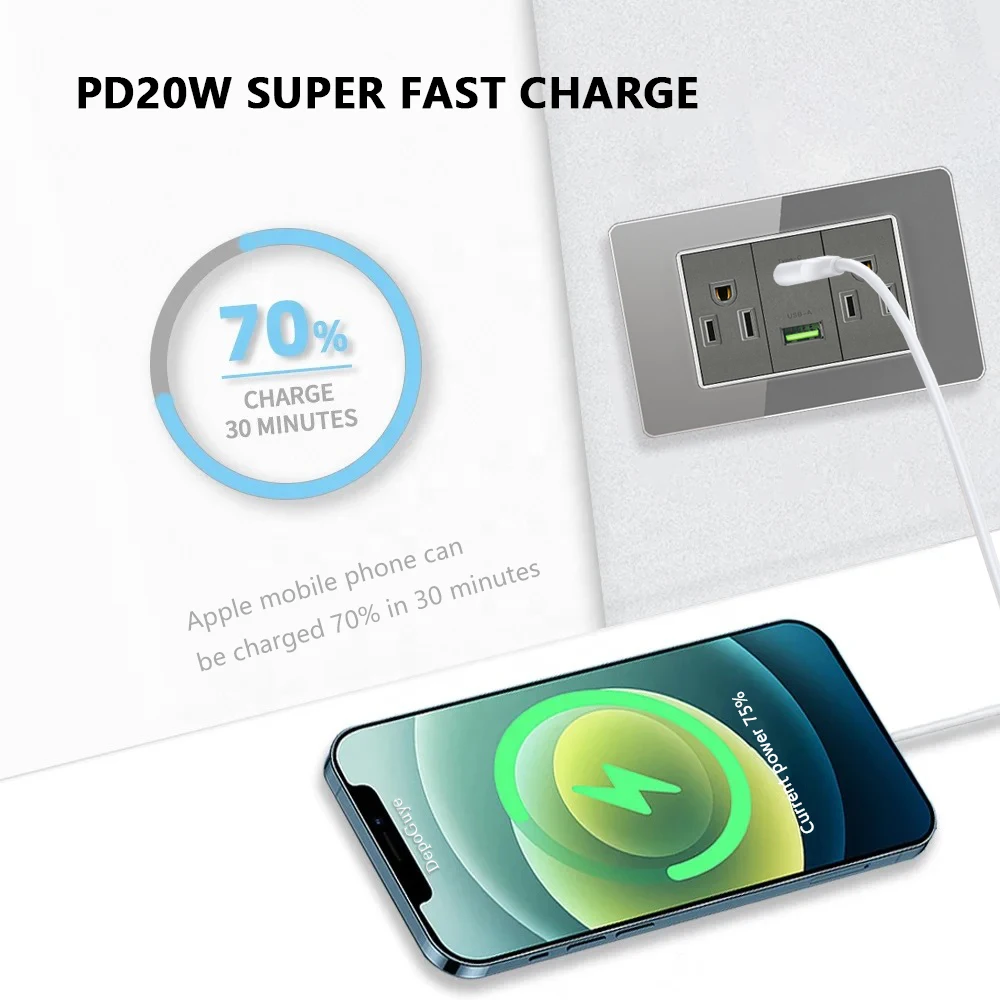 Фото Серое закаленное стекло, американская розетка USB Type-C, 20 Вт, умная настенная розетка с быстрой зарядкой, минимальный тайский двойной USB-разъем, выключатель света №5