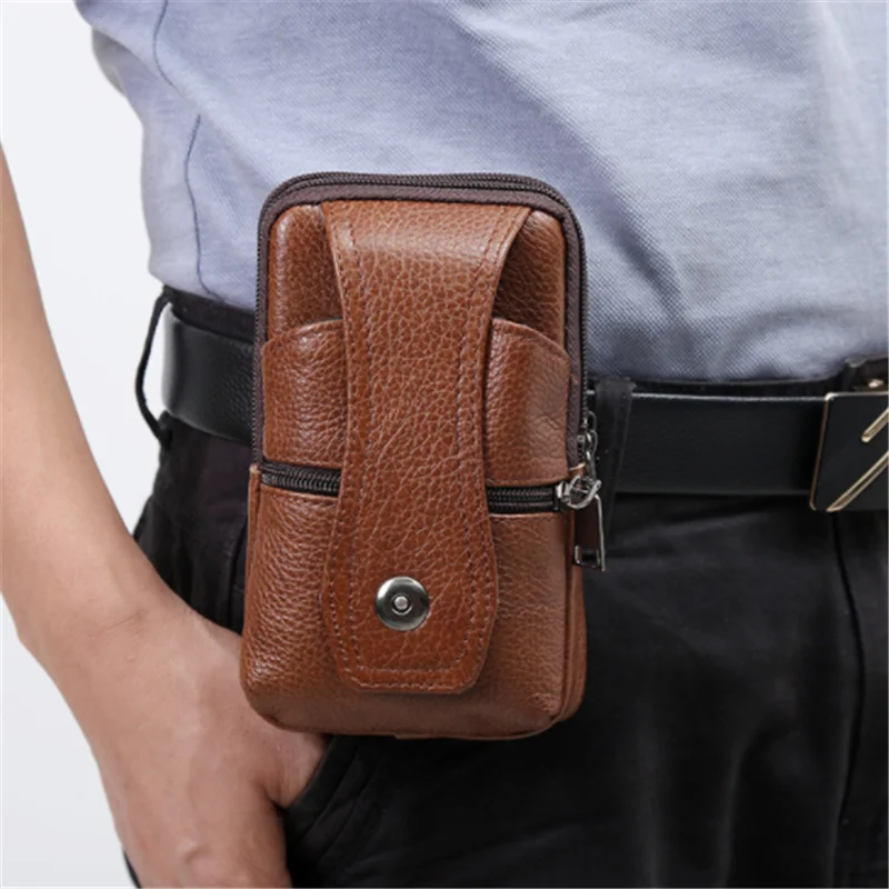 

Men PULeather Waist Bag Large Capacity Belt Bag Brown Shoulder Bags Crossbody Bags Multi-layer Buckle Mobile Phone Bag Bum Pouch