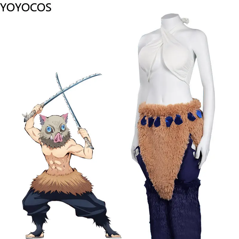 

YOYOCOS Demon Slayer Cosplay Costumes Hashibira Inosuke Women's Tube Top Pants Suit Halloween Party Anime Clothes Uniform Set