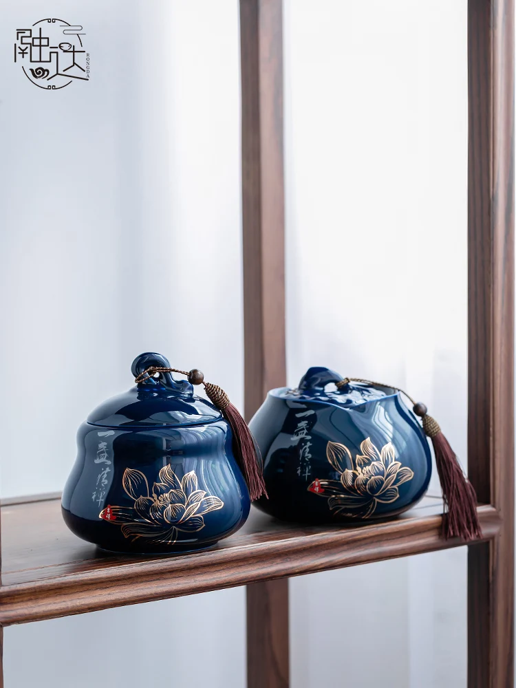 

Керамический маленький чайный контейнер в китайском стиле, синяя дорожная банка для хранения кофе, чая, аксессуары для чая, чайник для хране...