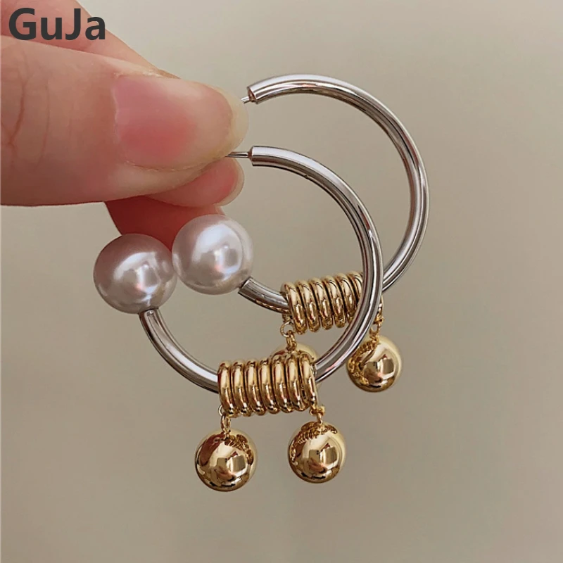 

Modern Jewelry 925 Silver Needle Metallic Splicing Gold Color Bead Hoop Earrings For Women Female Gift Ear Accessories 2023 New