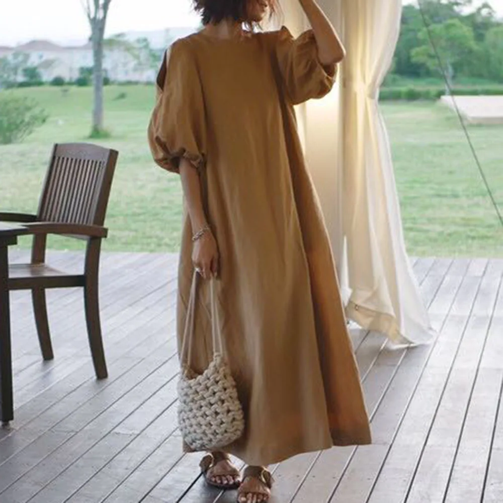 

Women Summer Casual Maxi Dress Light Purple Loose Puff Sleeve Fashion Simple Elegant Office Lady Long Dresses Party Dating Robe