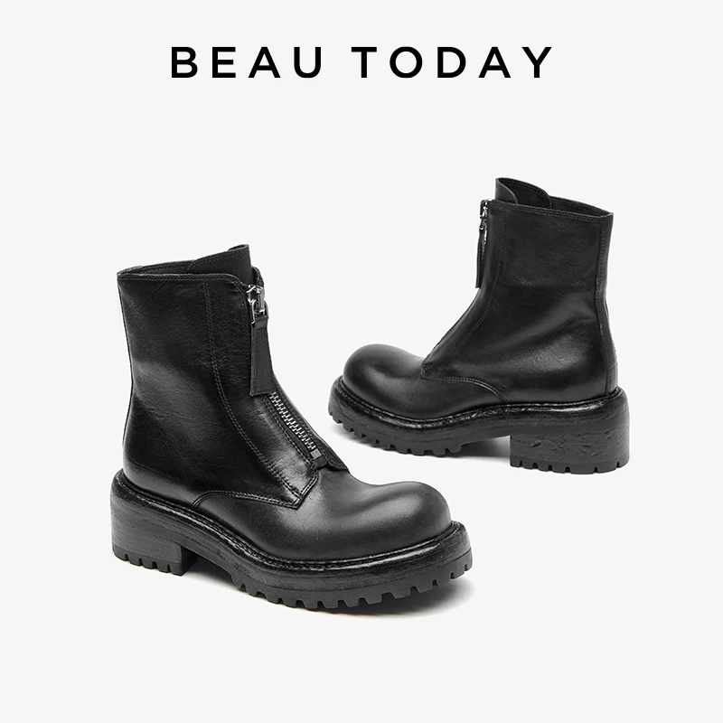 Ботильоны BEAUTODAY женские кожаные лошадиные полусапожки на платформе с круглым