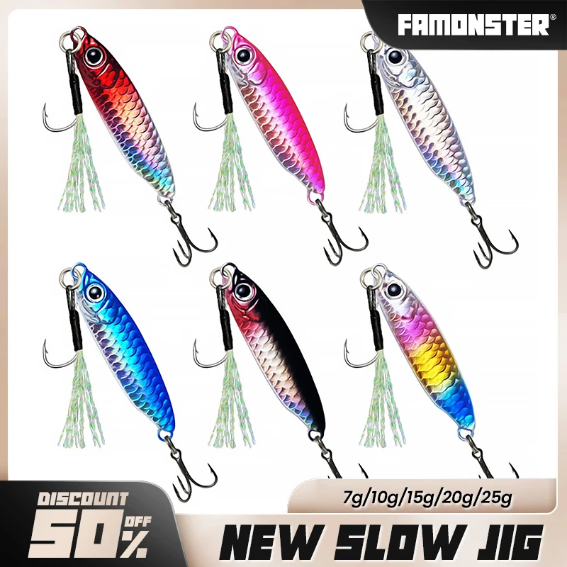 

FAMONSTER Metal Slow Jig Fishing Hard Artificial Bionics Bait Casting Jigging Spoon Saltwater Boat Print Laser Bass Jig Winter