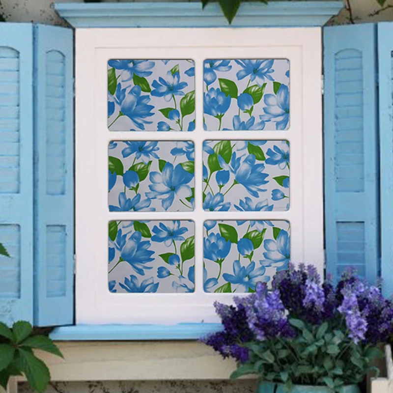 

No Glue Static Frosted PVC Color Film Glass Decor Without Residual Glue Flowers Electrostatic Cellophane Blue Big Flower 30-122