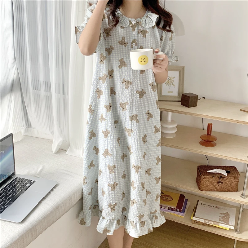 

Cartoon Bear Print Summer Nightgown Women Ruffles O-Neck Long Sleepwear Cotton Sweet Kawaii Nightdress Short Sleeve Homewear