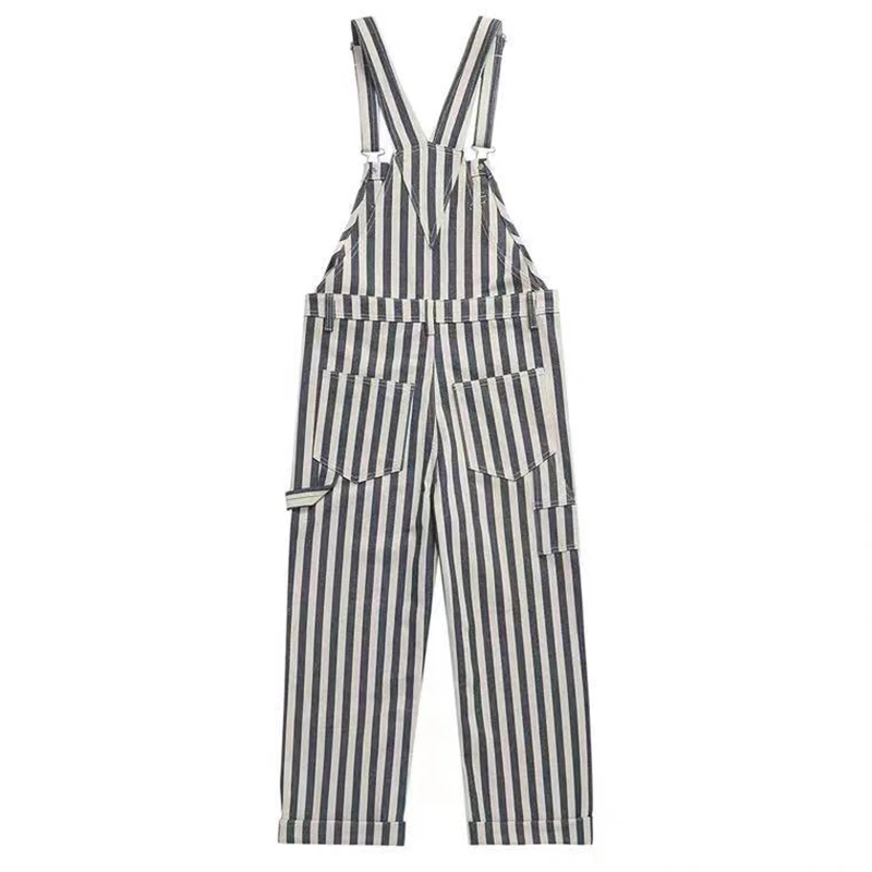 

Vintage Cargo Denim Jumpsuit For Men Japan Style Navy Blue White Stripe Fresh Handsome Overall Trendy Streetwear Wide Leg Romper
